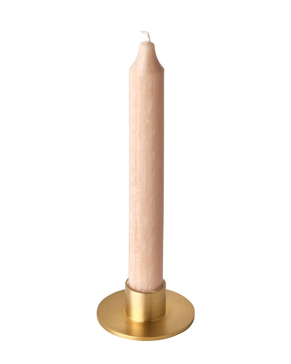 Beige candle in a gold holder on a white background