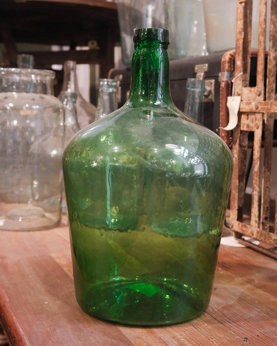 Vintage Green Glass Demijohn Bottle