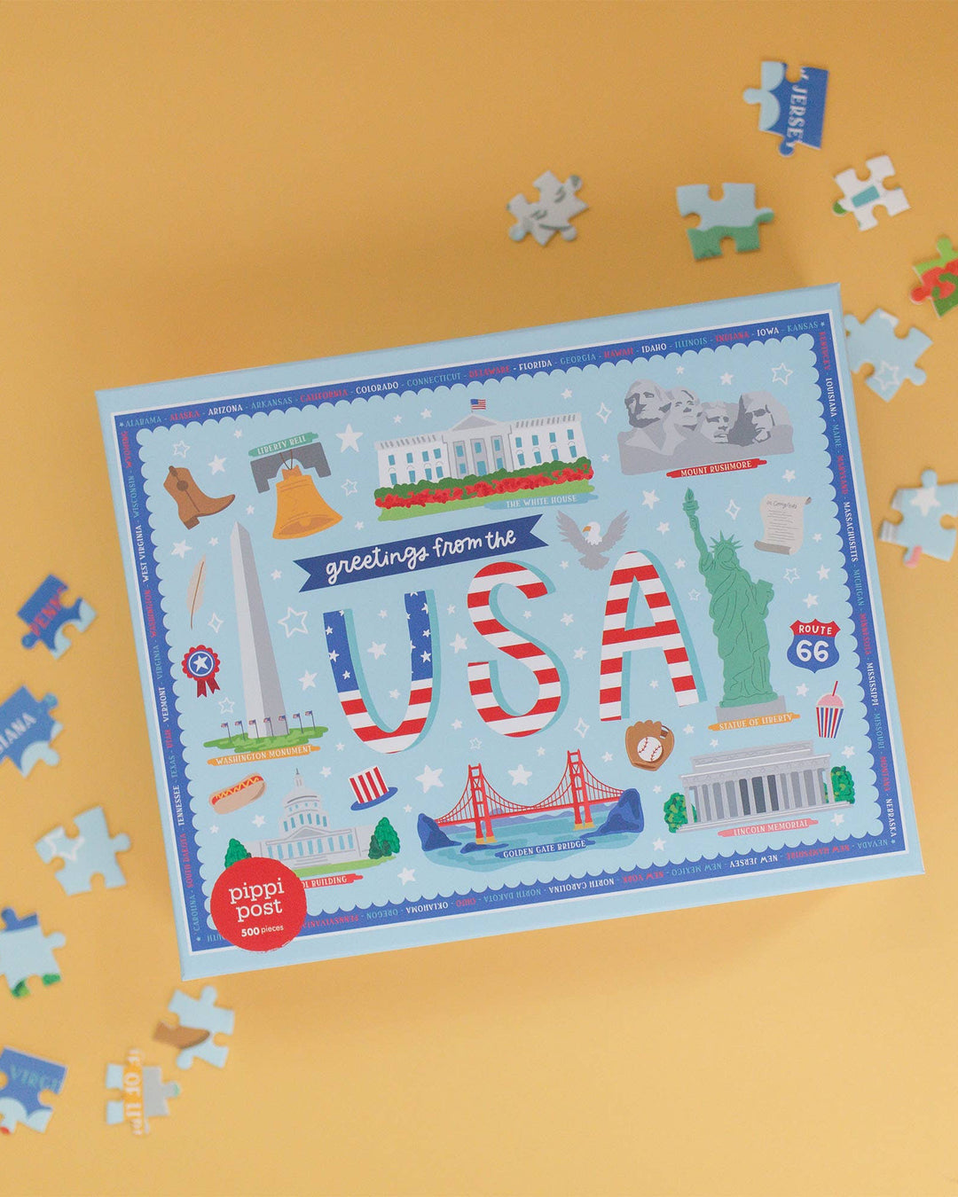Puzzle with 'Greetings from the USA' theme on a yellow background