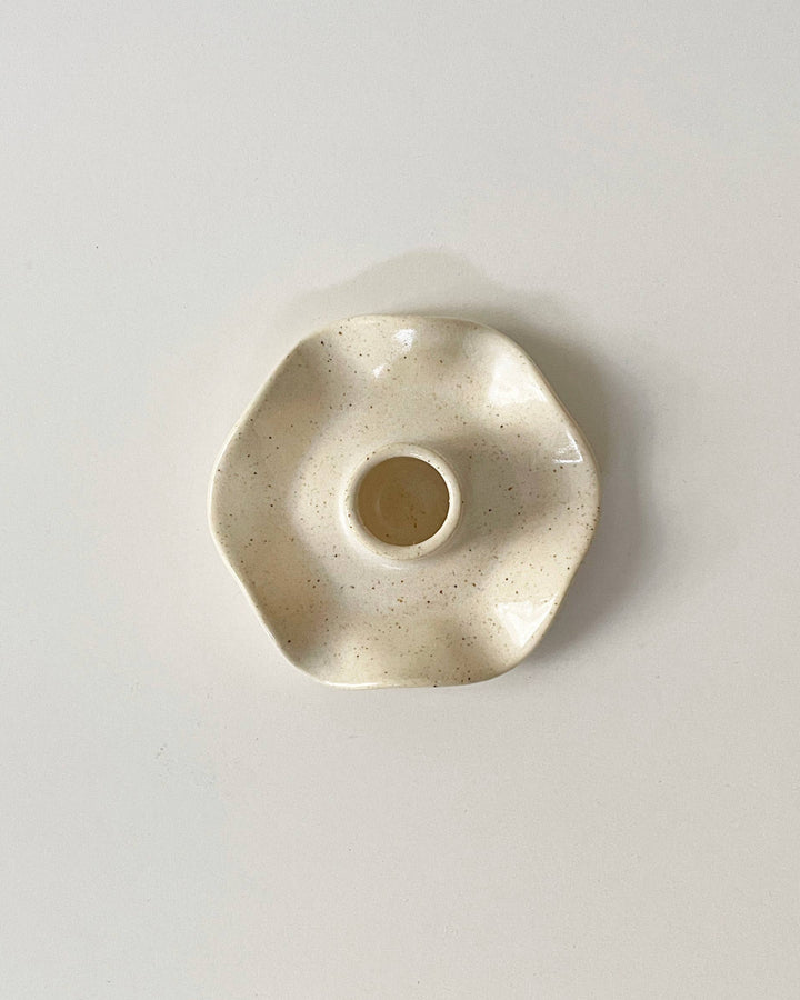 Handmade Ceramic Ruffle Taper Candle Holder - Freckle White
