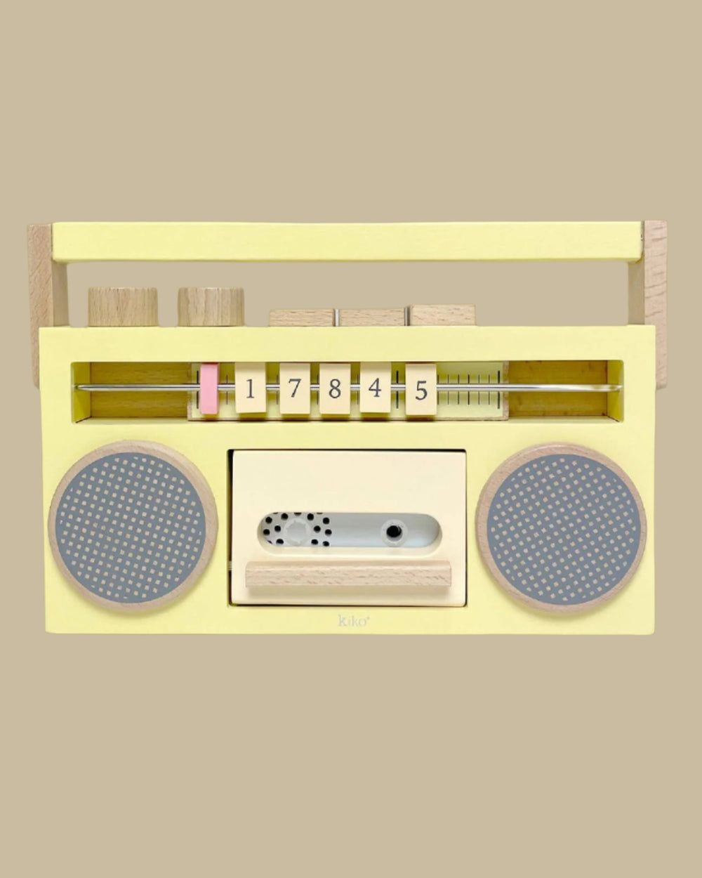 Toy radio with wooden dials and buttons on a white background