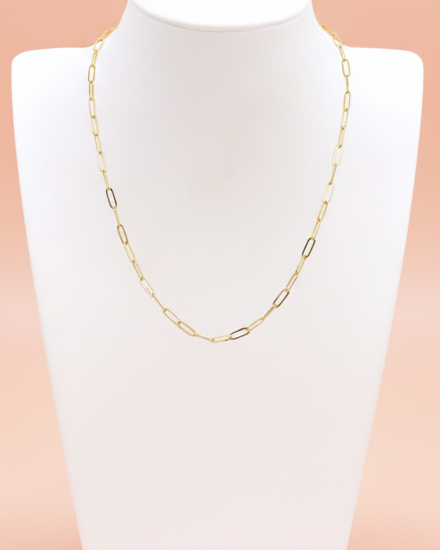 Gold necklace on a white mannequin bust against a peach background