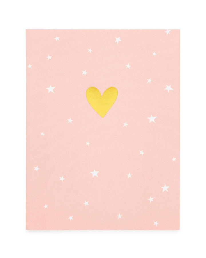 Pink background with white stars and a yellow heart