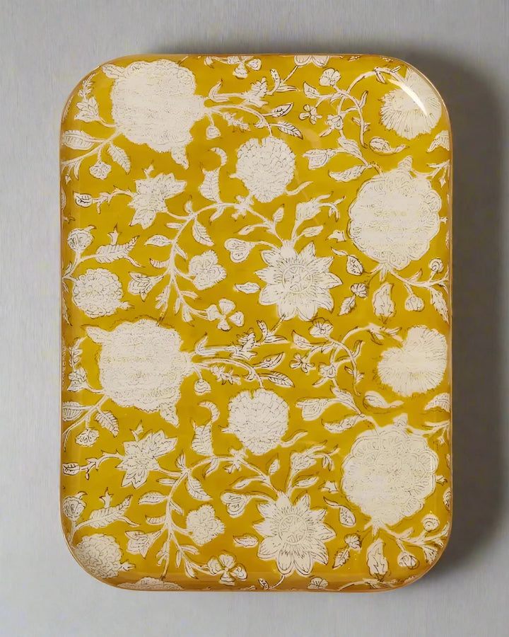 Rectangular tray with floral pattern on a yellow background