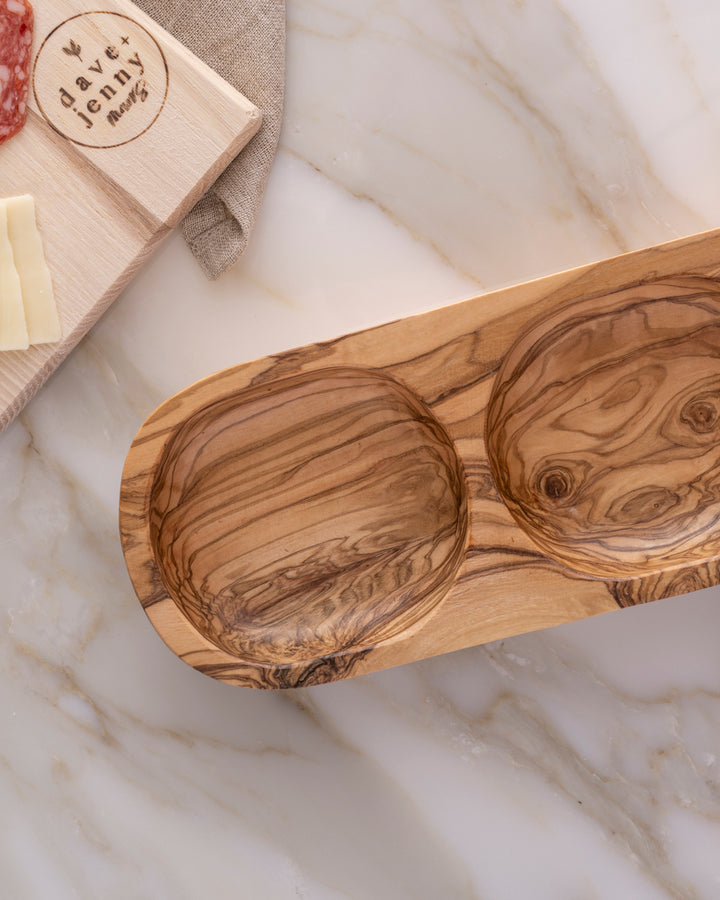 Vassoio a tre sezioni in legno d'ulivo