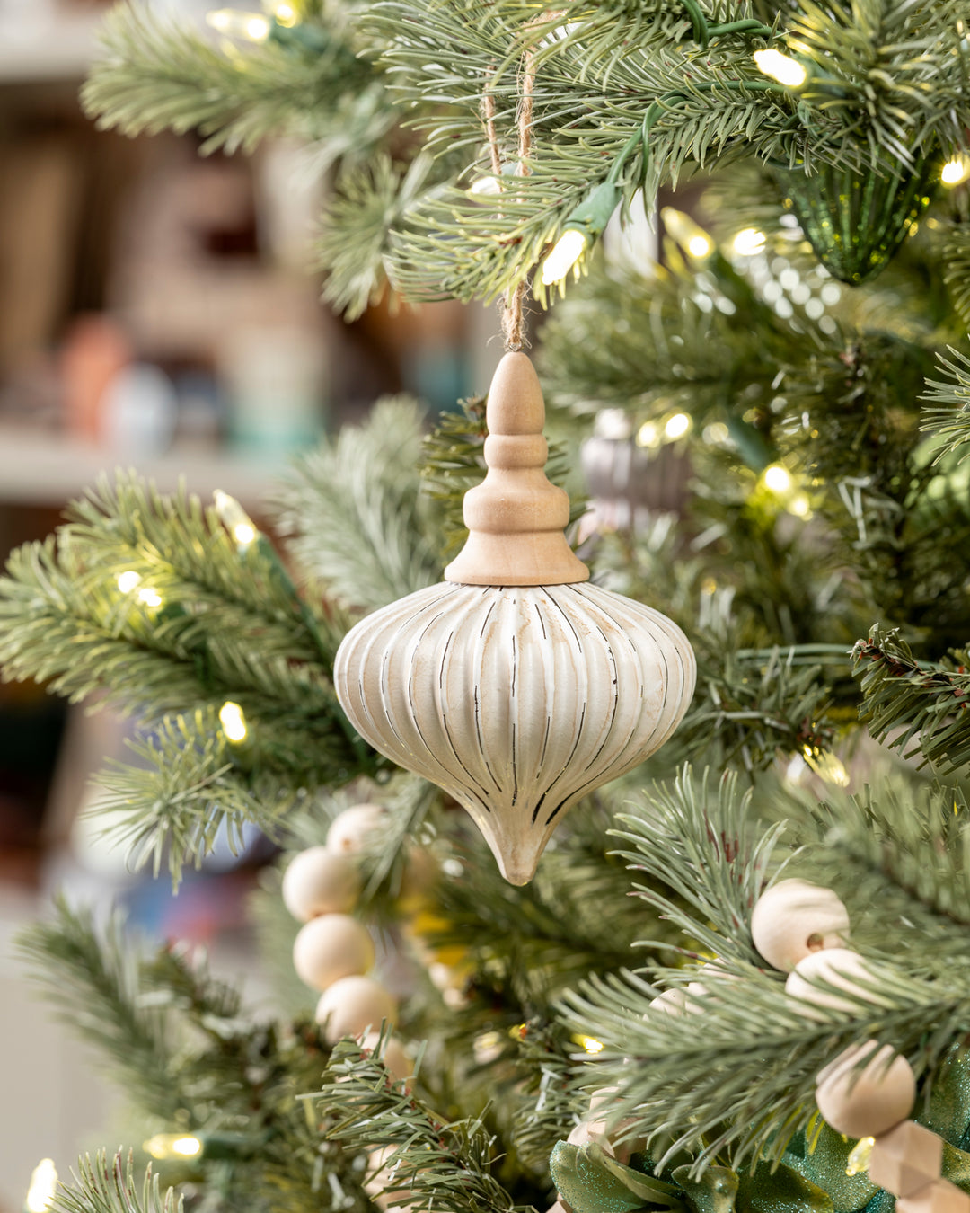 Distressed White Ornament with Wood Top