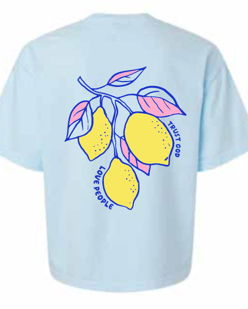 A light blue short-sleeve t-shirt shown from the back, featuring a graphic of three yellow lemons on a branch with pink and purple leaves, accompanied by the words 'LOVE PEOPLE' and 'TRUST GOD'.