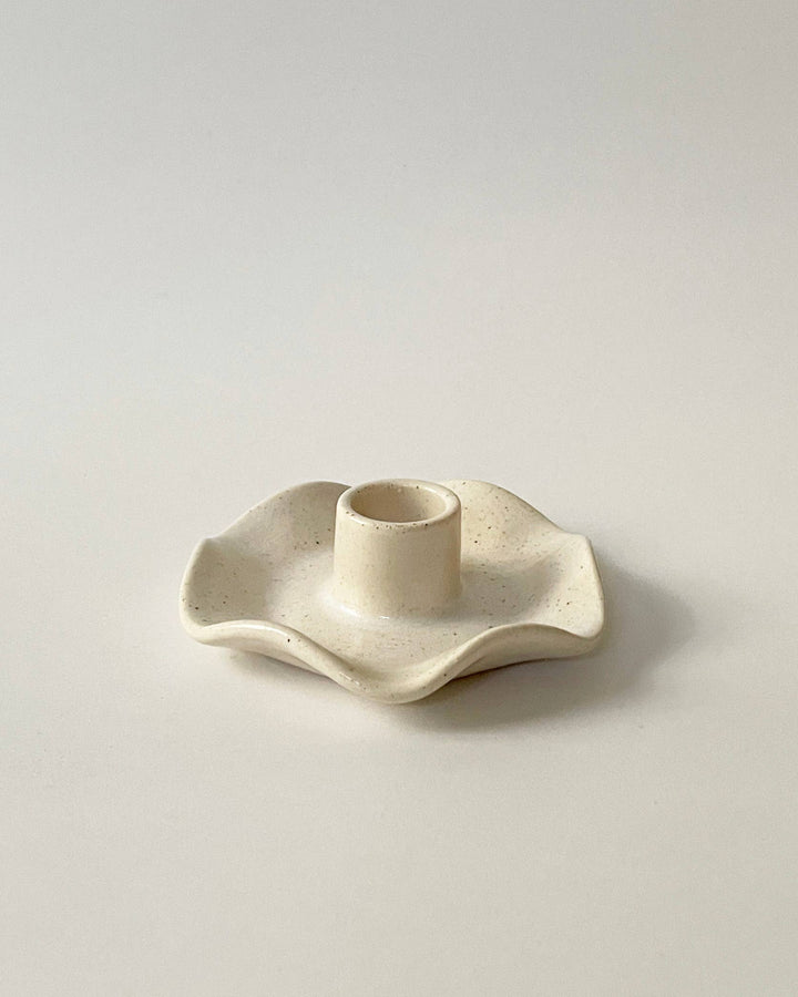 Handmade Ceramic Ruffle Taper Candle Holder - Freckle White