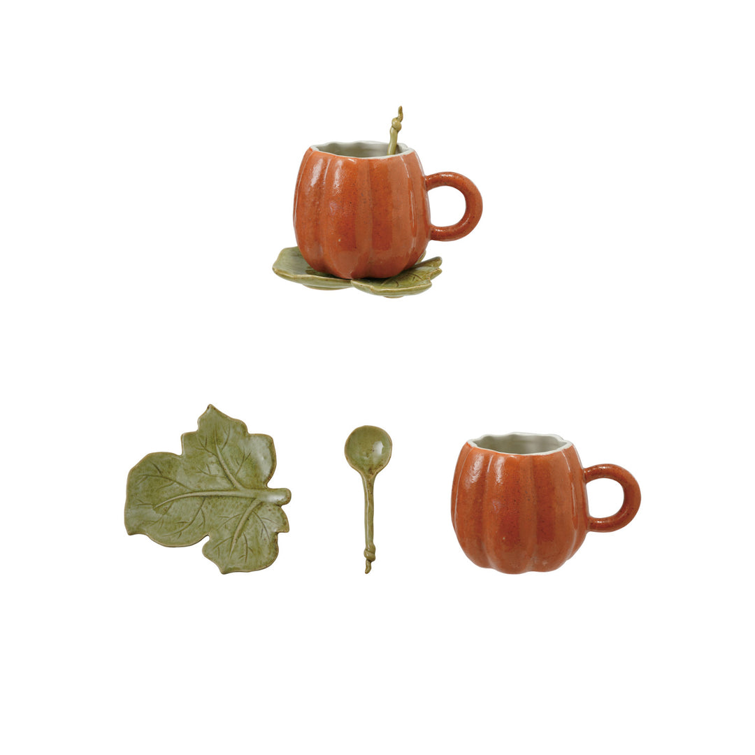 14 oz. Stoneware Pumpkin Shaped Mug with Saucer & Spoon, Set of 3 (Each One Will Vary)