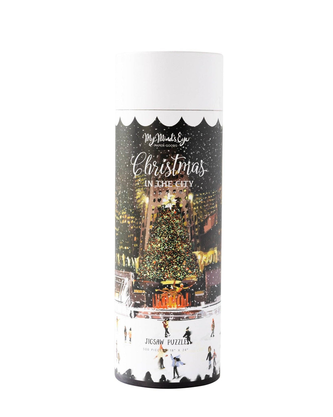  cylindrical product packaging with Christmas-themed design on a white background