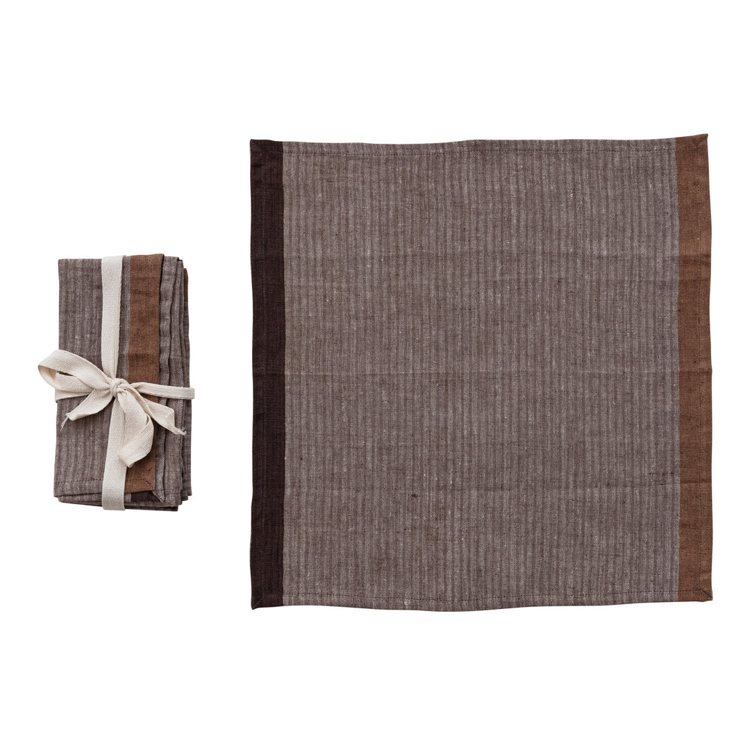 Woven Linen Napkins with Stripes, Set of 4 Tied with Cotton Tape