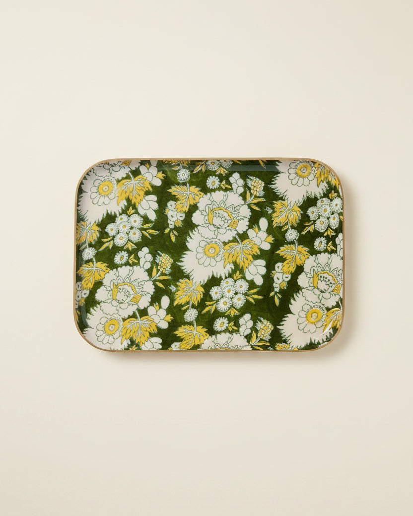 Floral patterned tray with yellow, white, and green colors on a white background