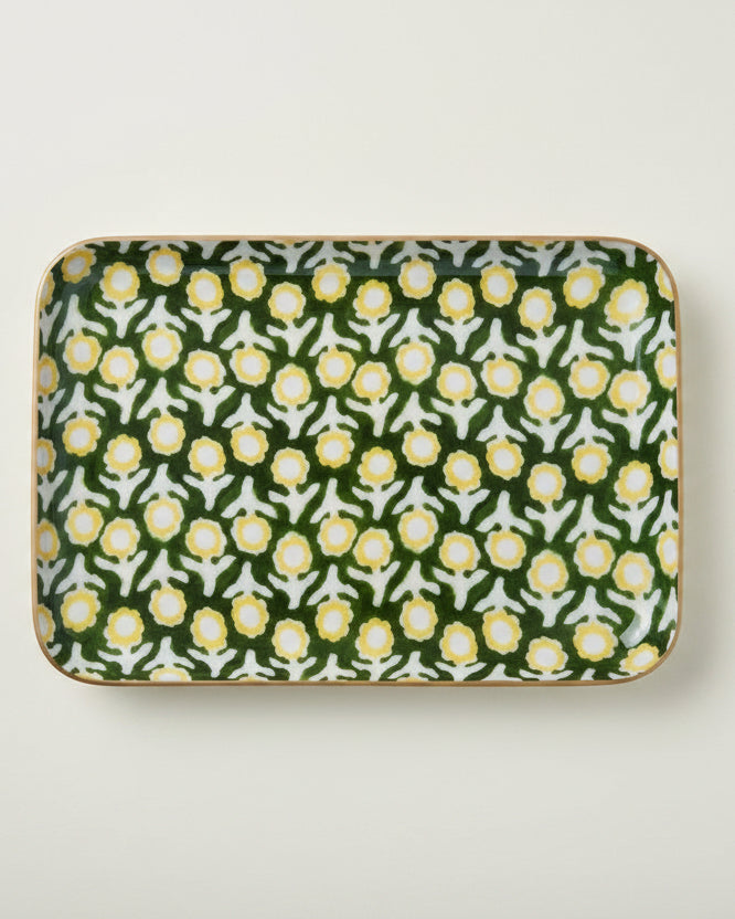 Rectangular green tray with yellow floral pattern on a white background