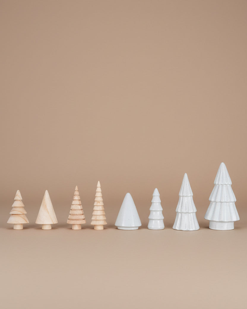 Stoneware & Wood Christmas Trees, White & Natural, Boxed Set of 9