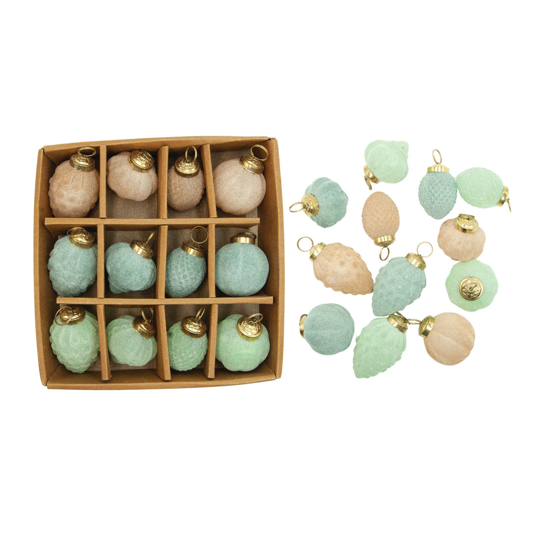 Flocked Glass Ornaments, Blue, Mint & Peach Color, Boxed Set of 12