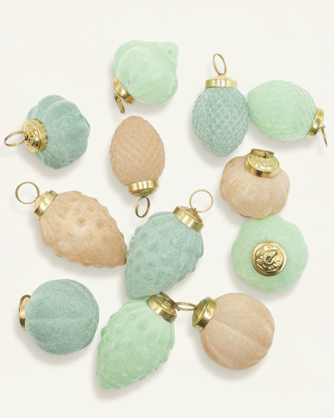 Flocked Glass Ornaments, Blue, Mint & Peach Color, Boxed Set of 12