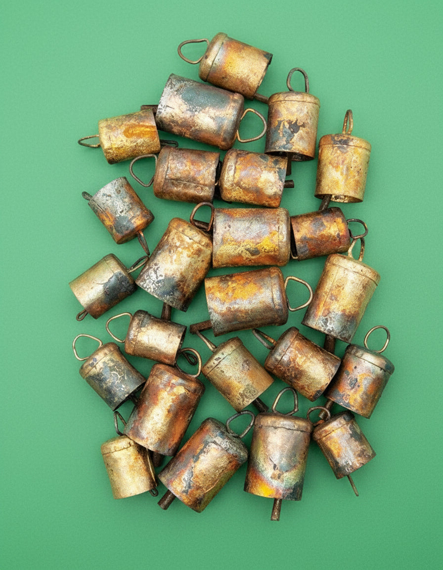 Metal Bells in Muslin Bag, Distressed Gold Finish, Set of 24