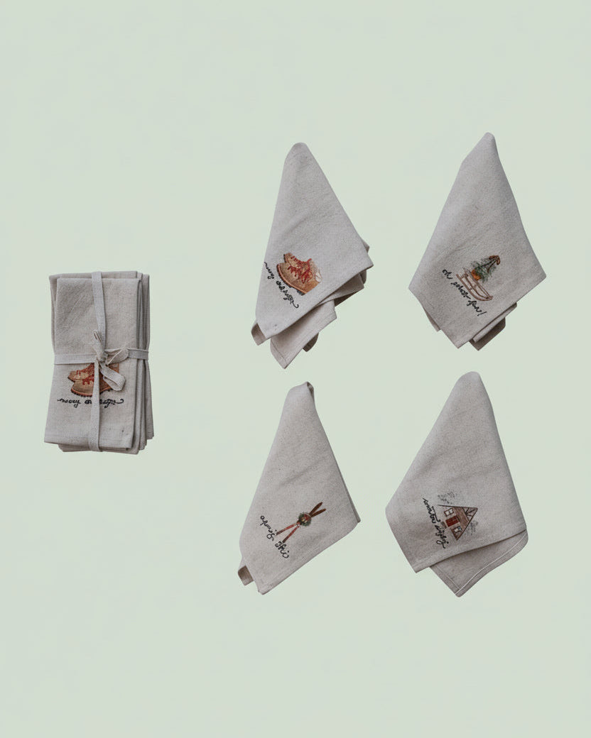Napkins with Embroidery & Holiday Saying, Set of 4 Tied with Tape ©