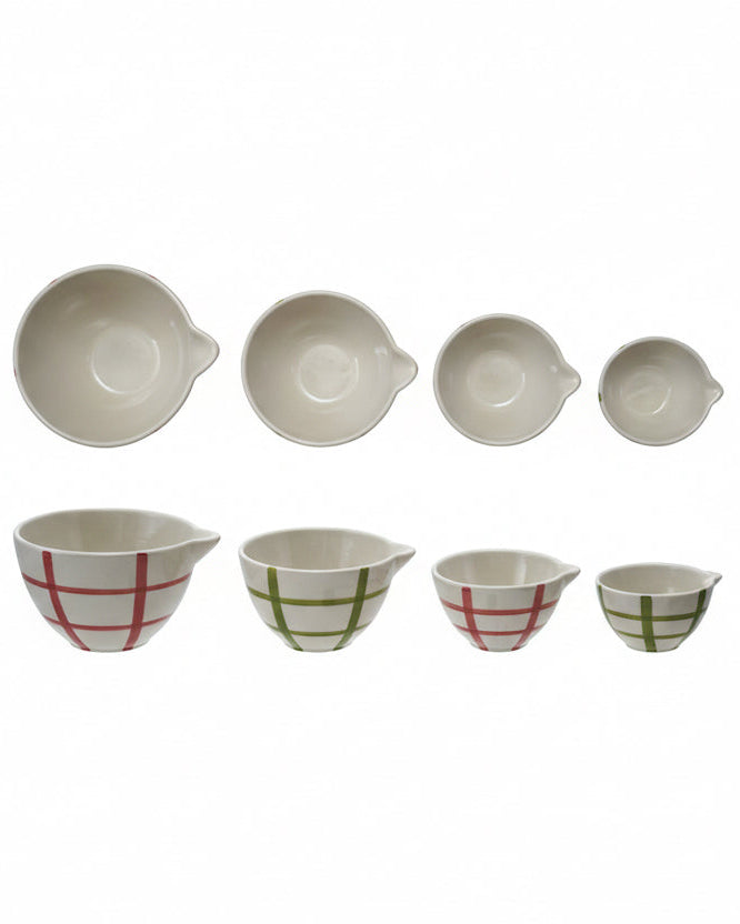 Hand-Painted Stoneware Prep Bowls with Grid Pattern, Set of 4