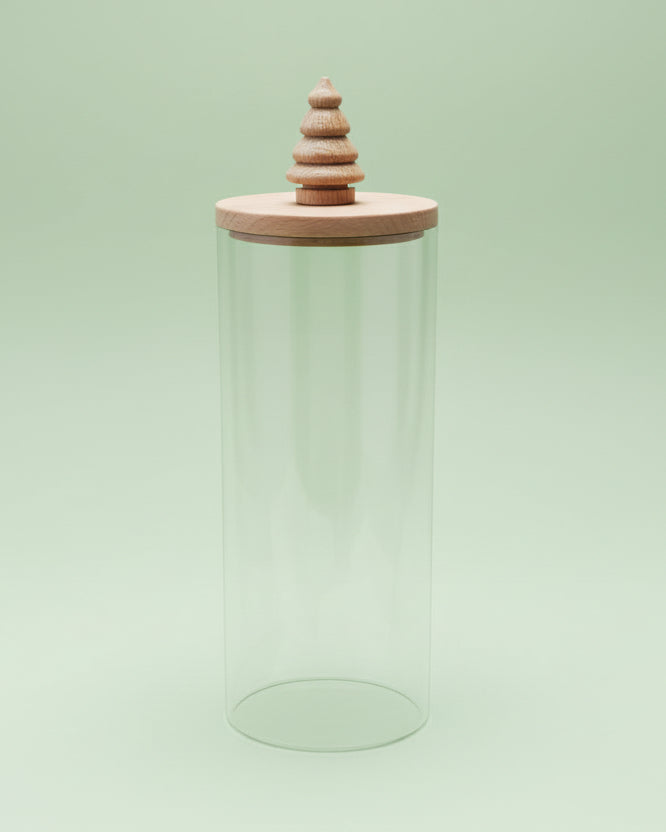4" Round x 12"H Glass Canister with Wood Lid & Christmas Tree Knob