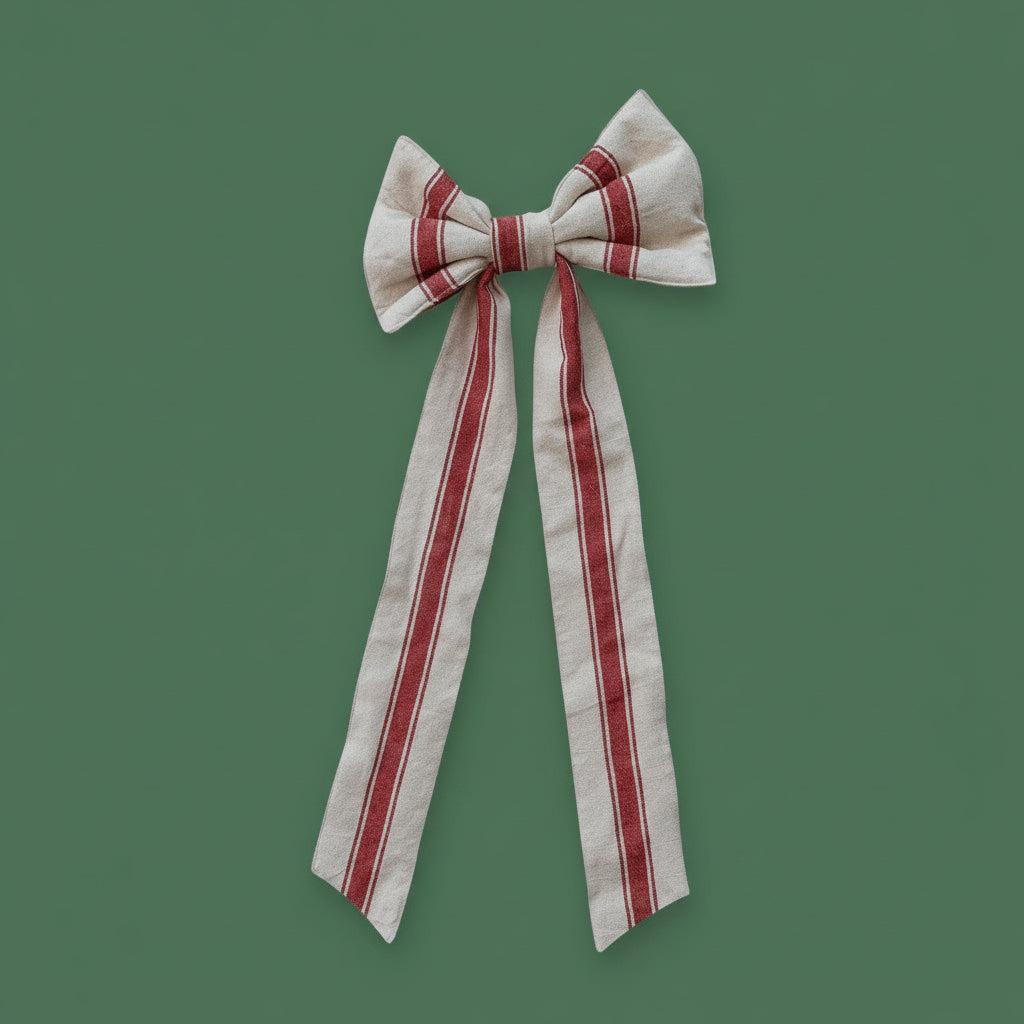 21"L x 10"W Woven Cotton Clip-on Bow with Stripes, Natural & Red