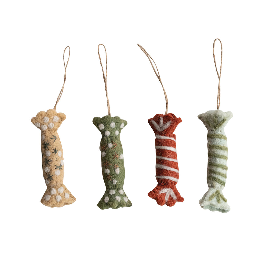 4"H Handmade Wool Felt Candy Ornament with Embroidery, 4 Styles ©