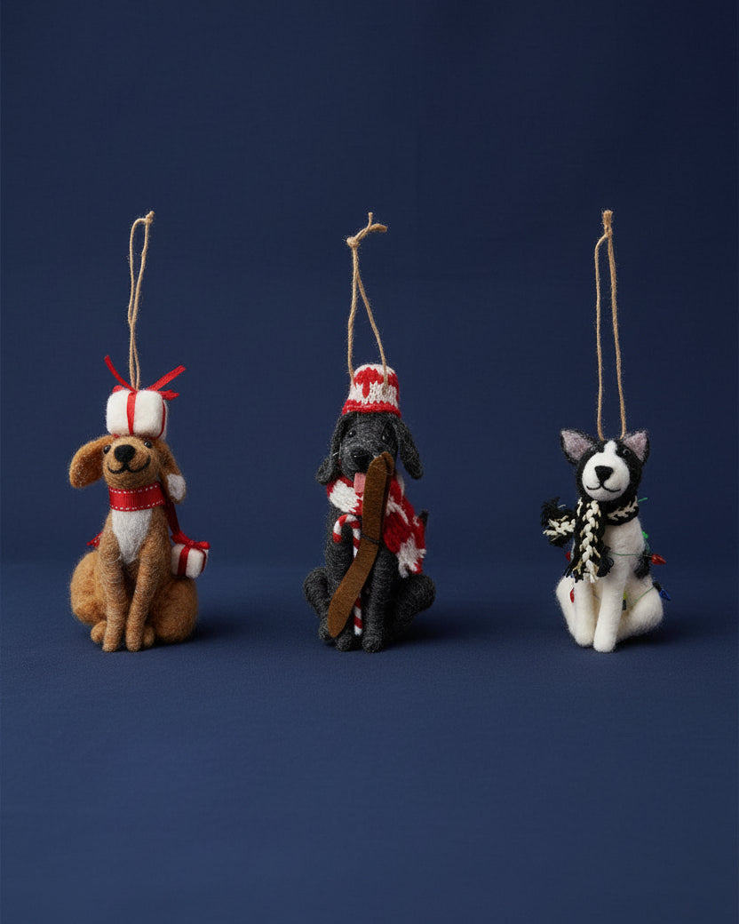4"H - 5"H Handmade Wool Felt Dog Ornament, Multi Color, 3 Styles