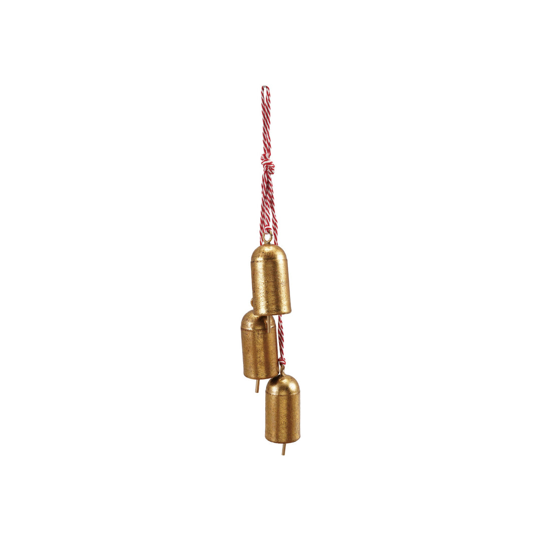 Hanging Metal Bells with Red & White Cord, Gold Finish