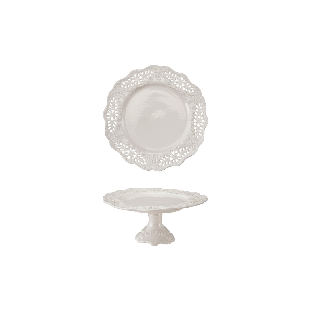 Stoneware Scalloped Pedestal with Pierced Lace Pattern, White