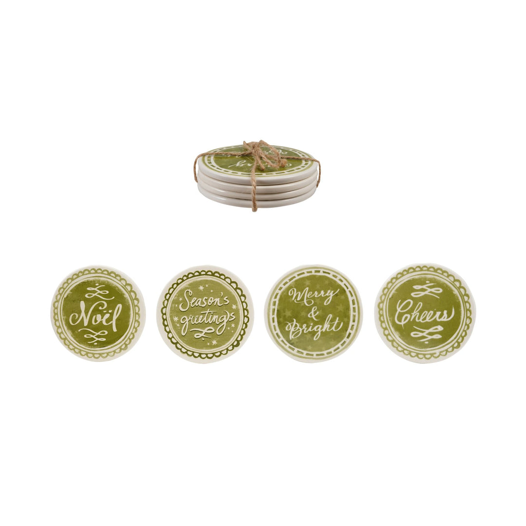 Stoneware Coasters with Holiday Design & Saying, Green & White, Set of 4 Tied with Jute ©