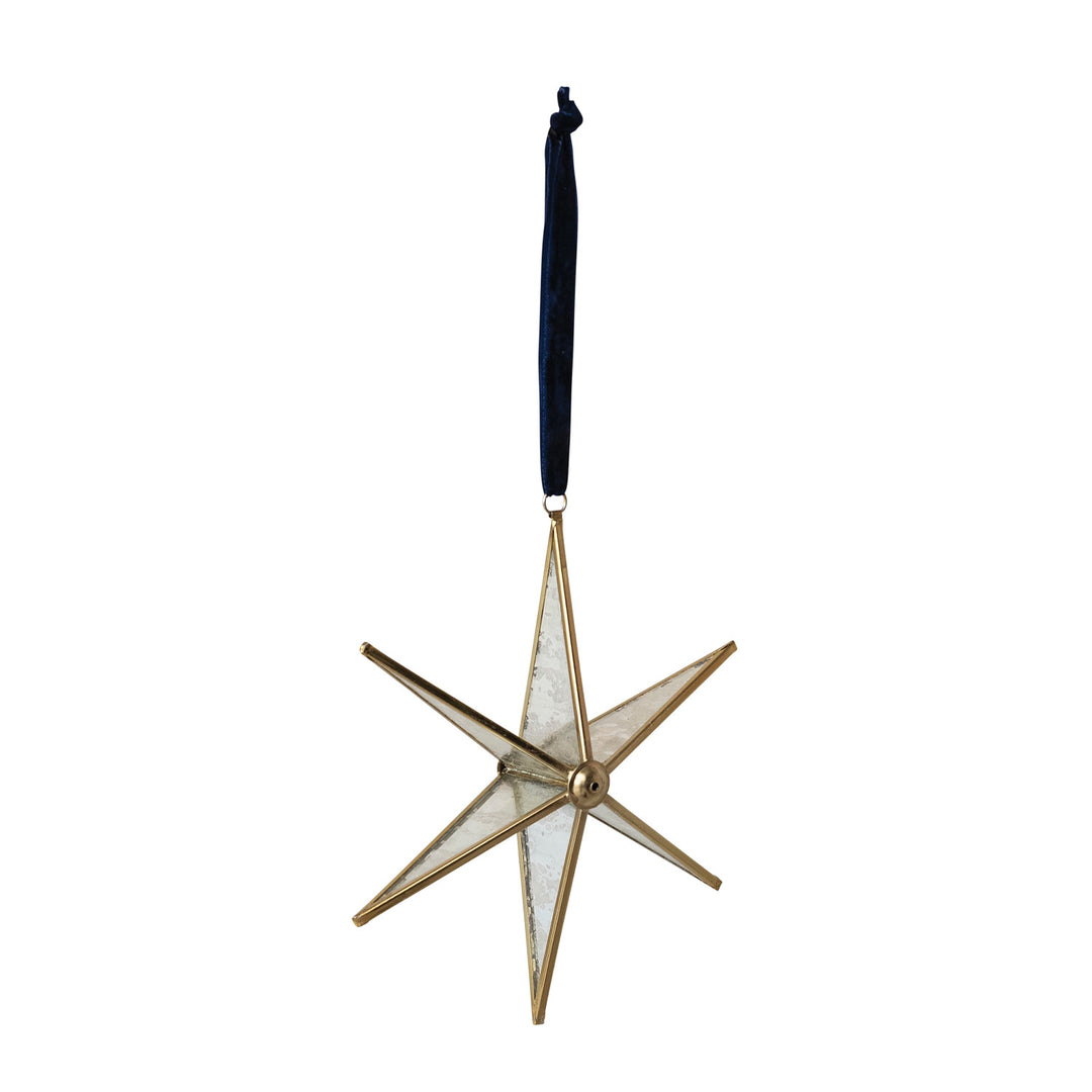 Handmade Antique Mirrored Glass & Brass Star Ornament with Blue Velvet Ribbon Hanger