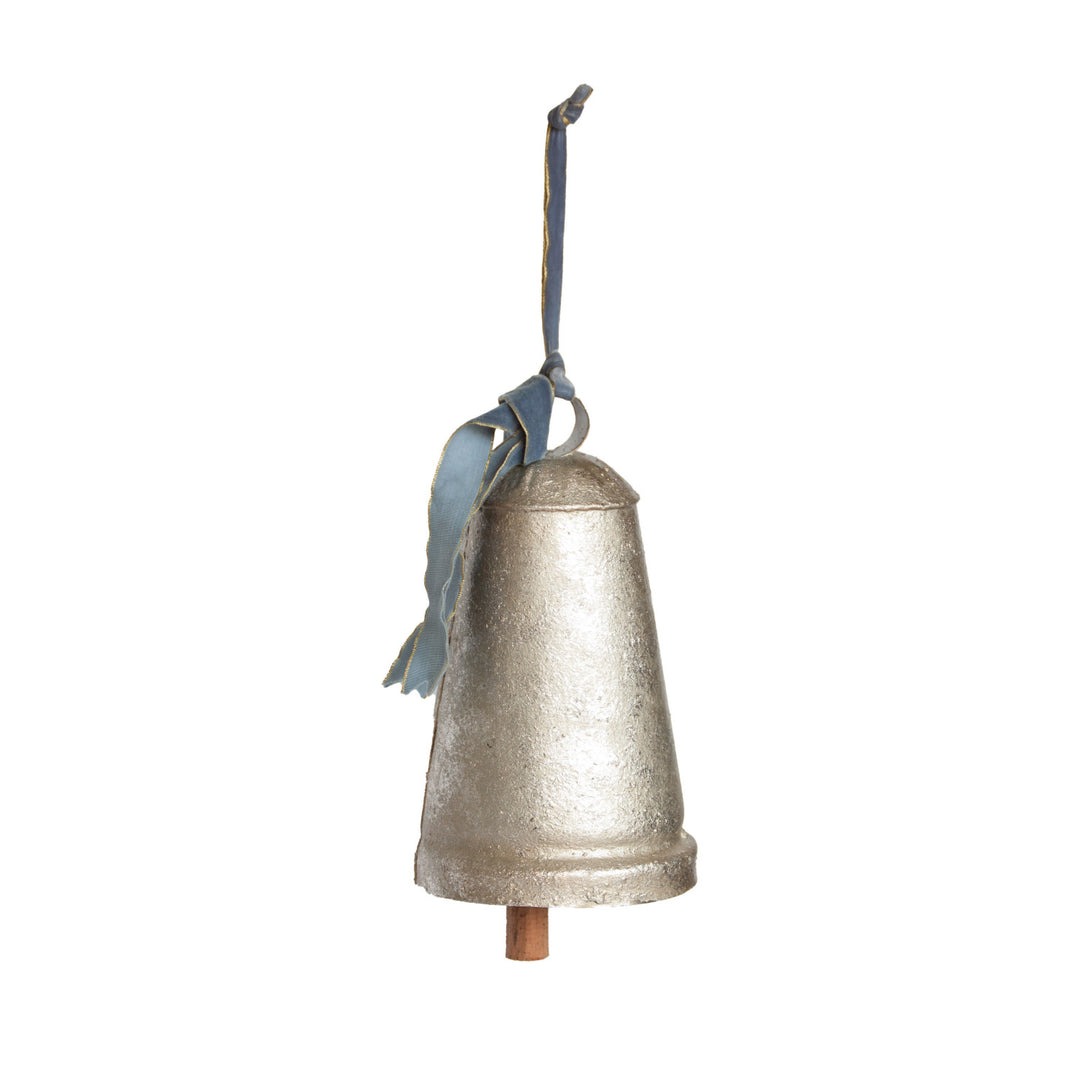 Metal & Wood Bell with Blue Velvet Ribbon, Antique Silver Finish
