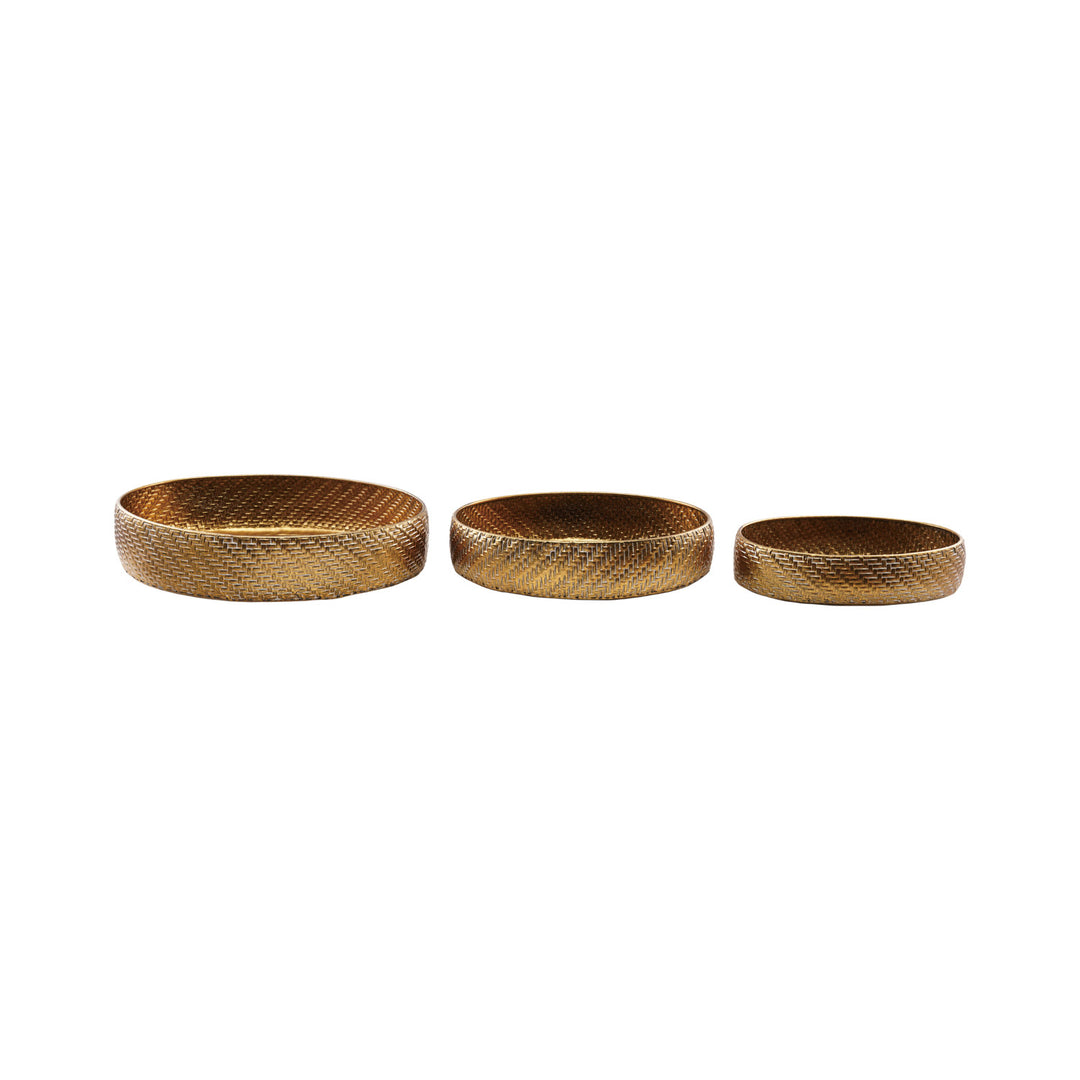 Decorative Galvanized Metal Basket Weave Trays, Gold Finish, Set of 3