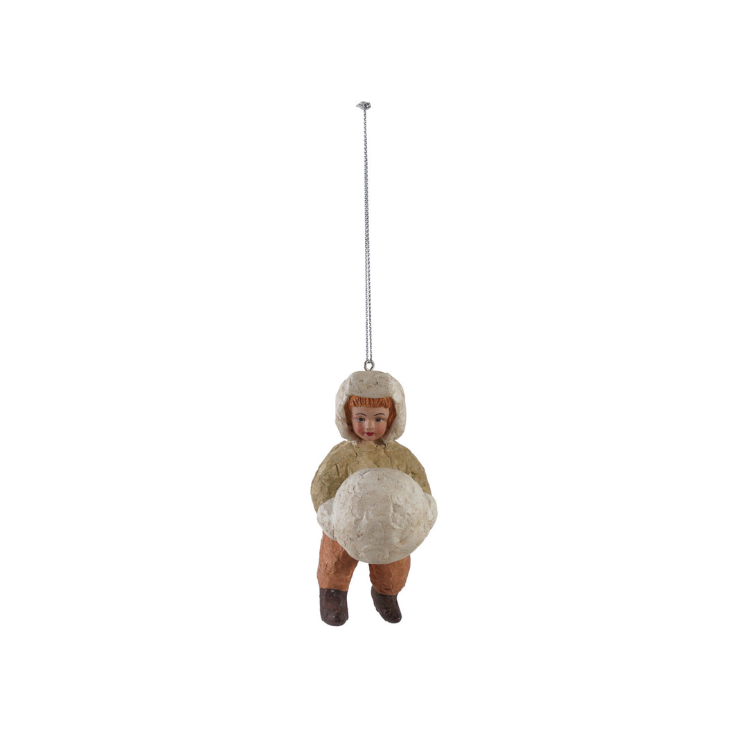 Handmade Paper Mache Vintage Reproduction Boy Holding Snowball Ornament