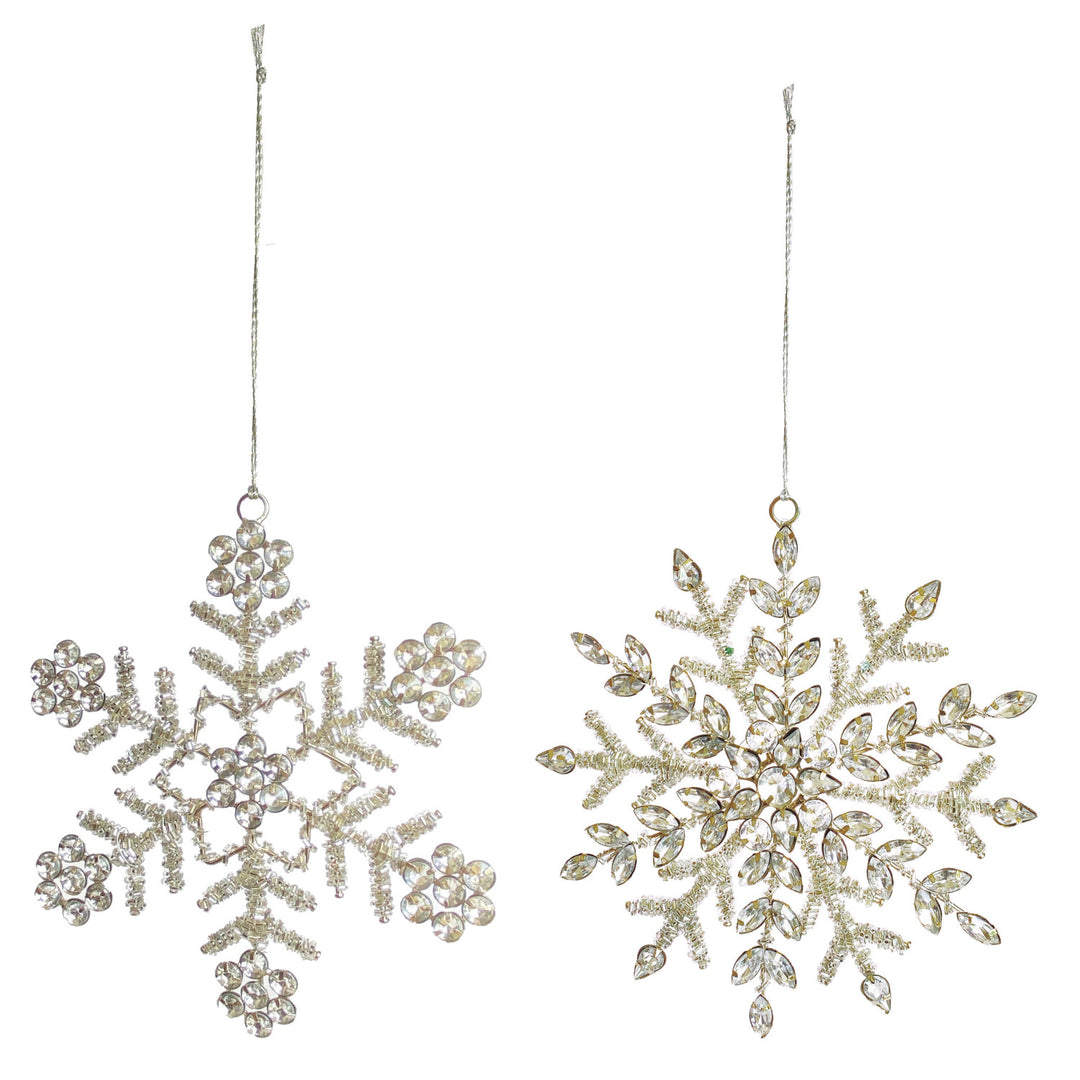 Metal & Glass Beaded Snowflake Ornament with Jewels, Silver Finish, 2 Styles