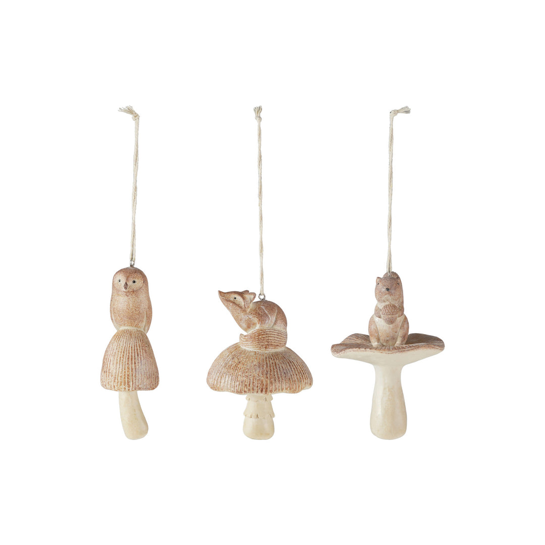 Resin Animal Sitting on Mushroom Ornament, Brown, 3 Styles